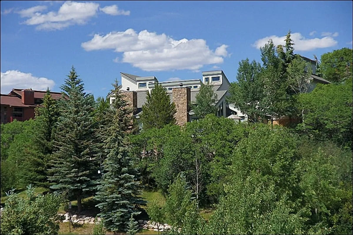 A wide exterior view of the modern house with surrounding trees and dramatic skies, evoking a sense of peaceful seclusion. The image hints at the spaciousness of the backyard and the natural beauty enveloping the property, perfect for star-gazing or relaxing strolls.